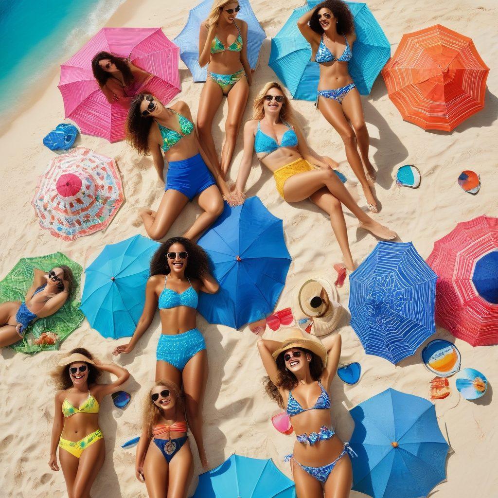 A vibrant beach scene featuring a diverse group of women trying on different bikini styles, highlighting high-waisted, sporty, and trendy designs. Include colorful beach umbrellas and summer accessories to enhance the lively atmosphere, capturing the joy of summer fashion. Each woman radiates confidence, showcasing various body types and styles. A blue ocean and sandy beach set the backdrop, creating an inviting summer vibe. vibrant colors. super-realistic.